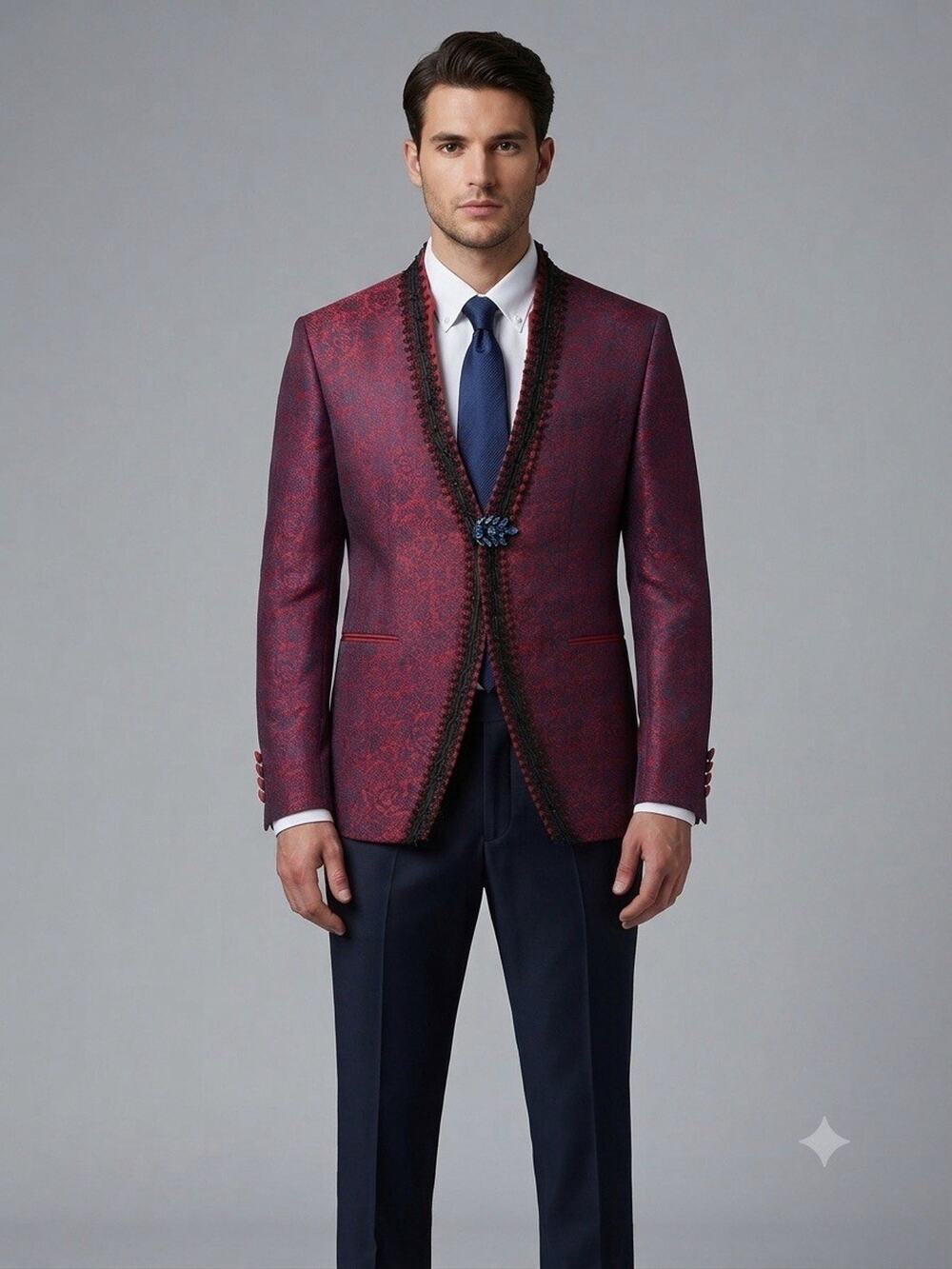 Pietro Scarlatti Mens Mandarin Suit Blazer Pants Brocade Floral US42 EU 52 T7